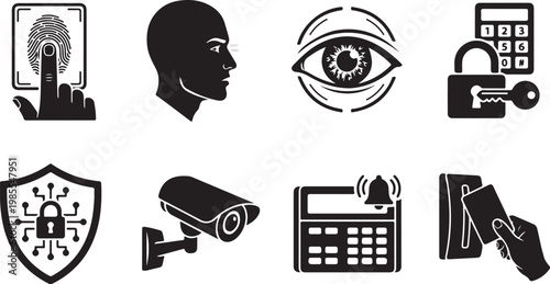 Security icons, safety symbols, protection signs, black vector graphics set
