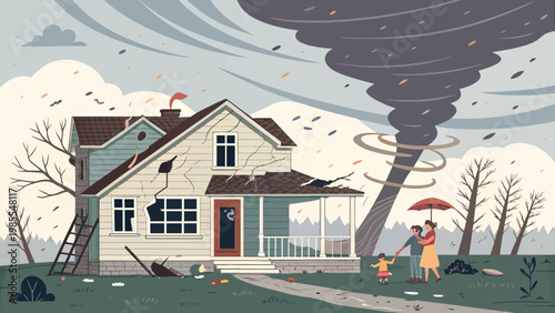 A family seeks shelter from a massive tornado approaching their damaged house