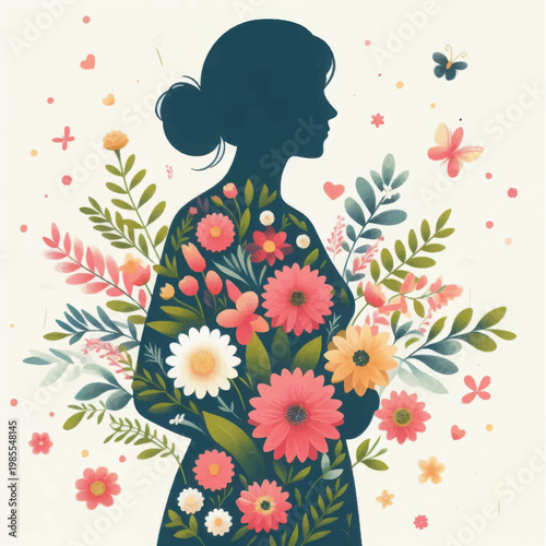 Artistic Silhouette of Pregnant Woman Filled with Flowers. Motherhood, Fertility, and Nature Concept Illustration for Mother's Day.