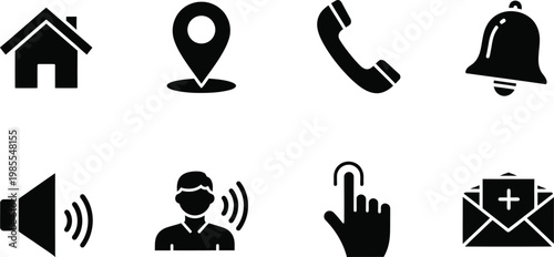 Essential communication icon set home location phone and notification symbols