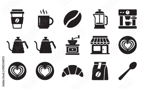 Modern Coffee Shop and Barista Equipment Icon Set with Espresso Machine