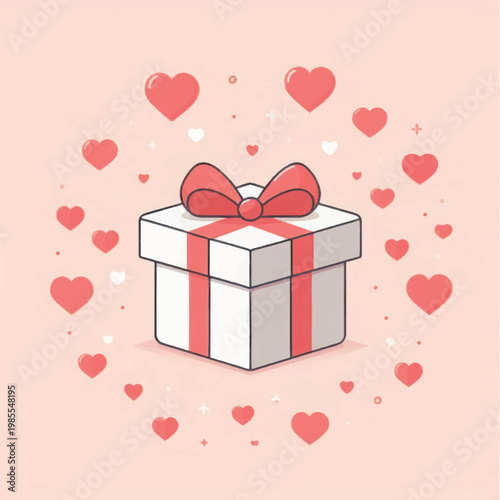 Cute Romantic Gift Box with Pink Ribbon Surrounded by Floating Hearts. Love, Valentine's Day, and Anniversary Present Illustration.