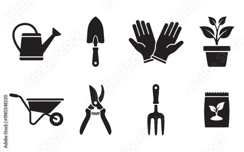 Gardening and Horticulture Tool Icon Set with Watering Can and Trowel