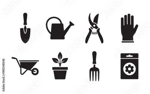 Gardening and Horticulture Tool Icon Set with Watering Can and Trowel