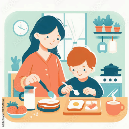 Happy Mother and Son Preparing Breakfast Together. Cute Family Morning Routine in the Kitchen.
