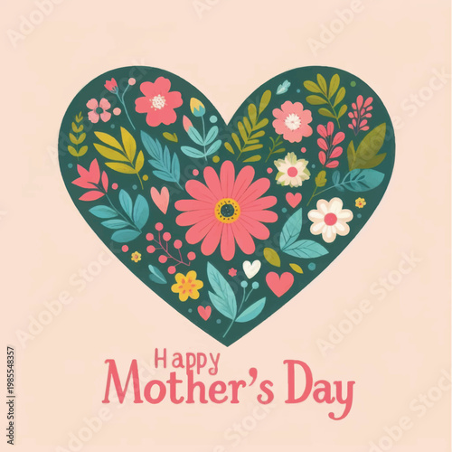 Happy Mother's Day Greeting Card. Folk Art Floral Heart Design with Text.