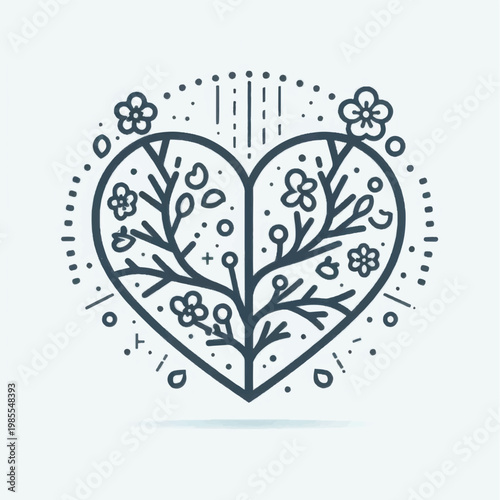 Monoline Line Art Heart Icon with Abstract Floral Growth and Branches. Decorative Vector Illustration of Love, Nature, and Ecology.