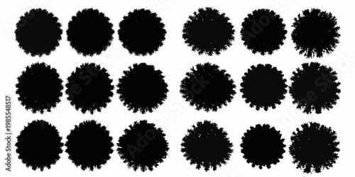Collection of dark rounded tree silhouettes against a white background