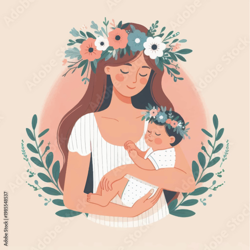 Gentle Motherhood Illustration: Woman Holding Baby Surrounded by Flowers and Leaves