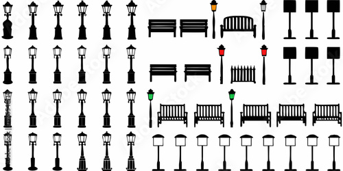 Collection of black silhouette street lamps and park benches on white