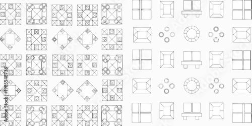 Overhead view of furniture arrangements and floor plans in grayscale