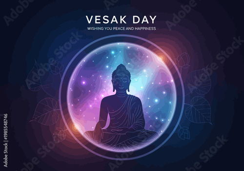 Silhouette of Buddha in a glowing cosmic orb for Vesak Day.