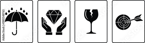 Billede på lærred Fragile handling icon set umbrella diamond wine glass and target symbols for shi