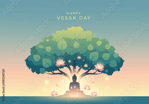 Buddha meditating under a Bodhi tree with glowing lotus flowers and light.