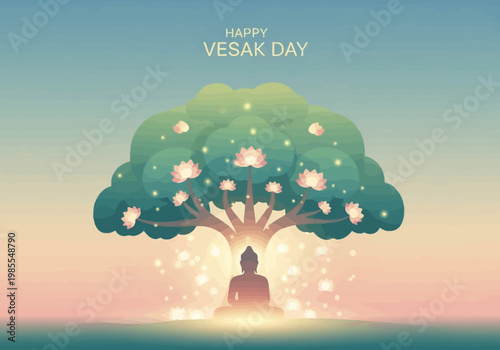 Buddha meditating under a Bodhi tree with glowing lotus flowers and light particles.