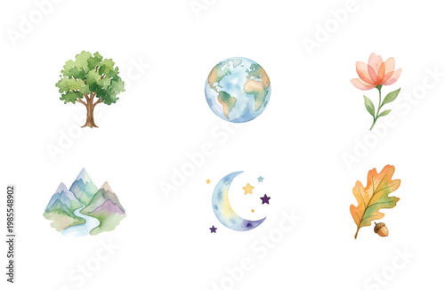 Earth and nature watercolor icons set, organic environment symbols, eco friendly illustrations, sustainable natural elements on white background