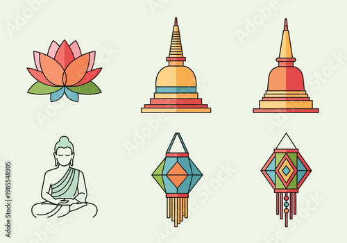 Set of Buddhist and Diwali festival icons with lotus stupas Buddha and lanterns.