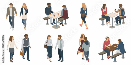 Isometric illustration depicting diverse people socializing in an outdoor cafe setting