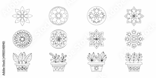 Collection of hand drawn floral and potted plant line art illustrations