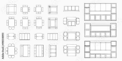 Various furniture arrangements depicted as top down linear diagrams