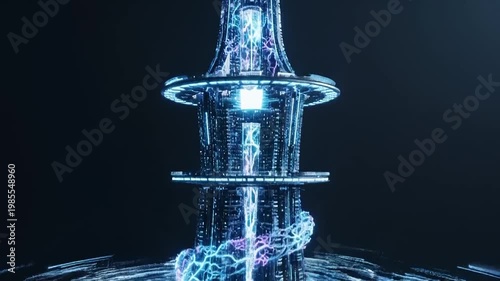 A futuristic glowing blue structure rises majestically in a dark mysterious environment with vibrant lights swirling around it