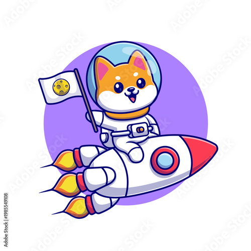 Cute Shiba Inu Dog Astronaut Riding Rocket With Flag 
Cartoon