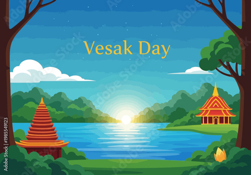 Vesak Day celebration with traditional temples by the lake at sunrise.