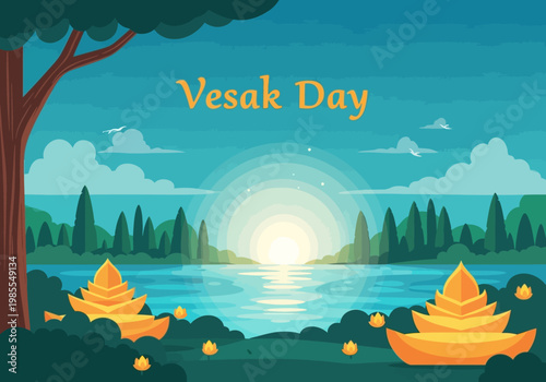Vesak Day Celebration with Golden Lotus Lanterns on Water.