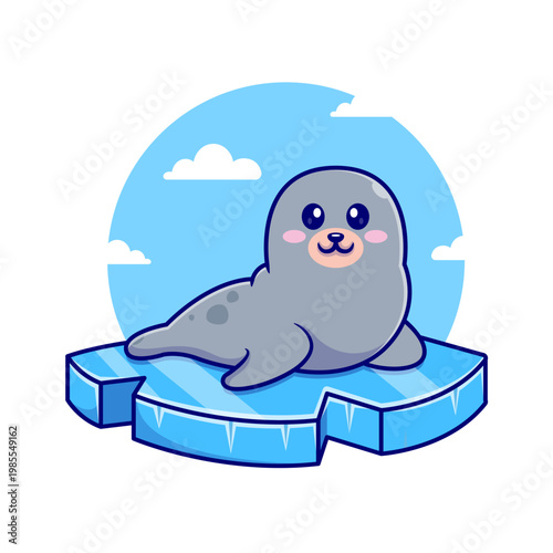 Cute Seal Sitting on Ice Cartoon
