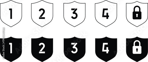 Security shield icon set numbers 1 5 and lock vector graphics for digital use