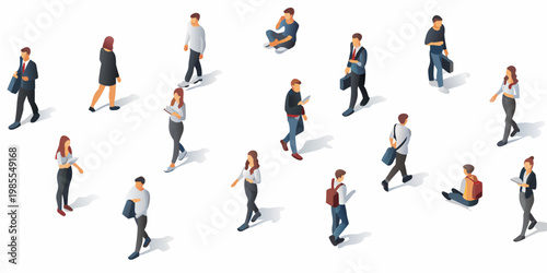 Isometric illustration of diverse people walking and interacting in a group
