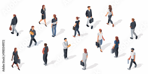 Isometric illustration depicting a diverse group of people walking and commuting