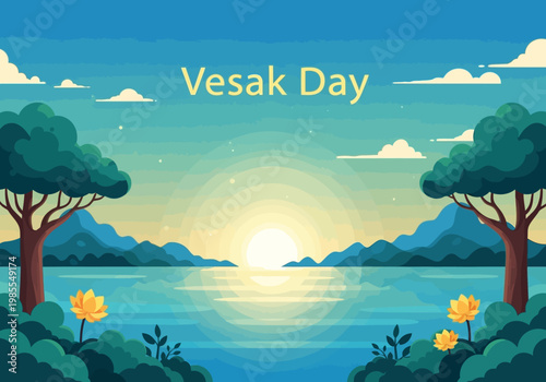 Vesak Day celebration with serene lake and lotus flowers at sunset.
