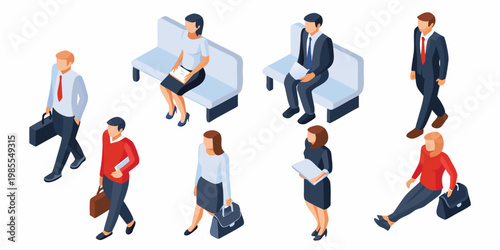 Isometric illustration depicts people in a waiting area likely for business