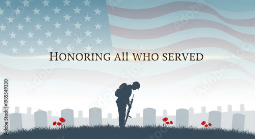 Silhouette of a soldier bowing at a grave with poppies and the American flag honoring veterans and remembrance day concept