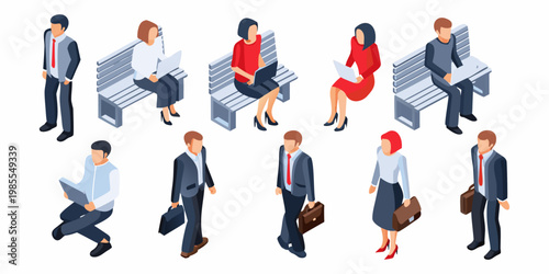 Isometric illustration depicting diverse people sitting and standing in a public space