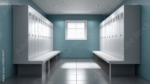 Modern Locker Room Interior with Bright Lighting, Sleek Design, and Clean Lines for Sports Facilities or Gyms