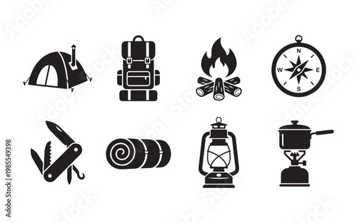 Outdoor Camping and Wilderness Survival Icon Set with Tent and Backpack