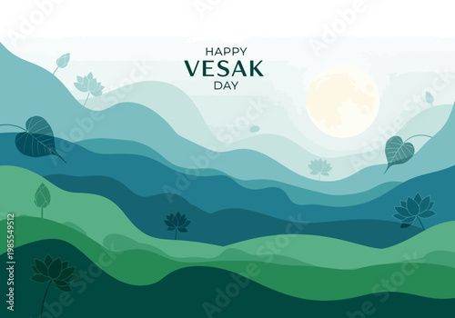 Happy Vesak Day text on a serene landscape with rolling hills and leaves.