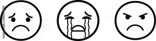 Sadness and anger icon set black and white emotional faces for design projects