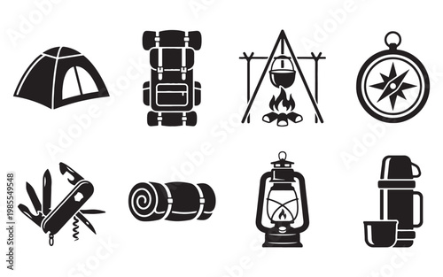 Outdoor Camping and Wilderness Survival Icon Set with Tent and Backpack