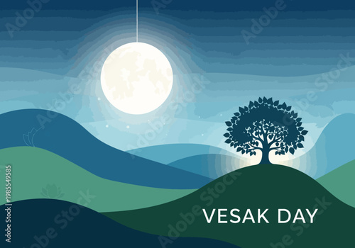 Vesak Day Celebration with a Solitary Tree on a Hill Under a Full Moon.
