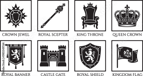 Royal crest icons, medieval symbols, 8 black and white heraldic emblems, vector graphics