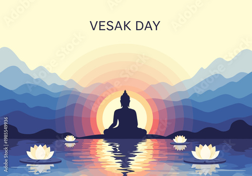 Silhouette of Buddha Meditating on Water with Lotus Flowers at Sunset.