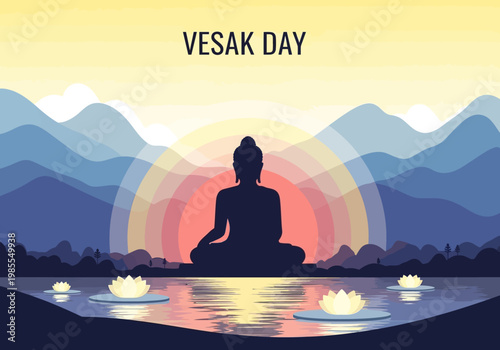 Silhouette of Buddha meditating on Vesak Day with a radiant halo over a serene lake.