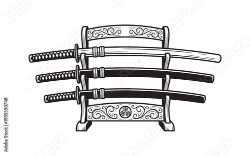 Set of Three Traditional Japanese Samurai Katana Swords on Ornate Wood Stand