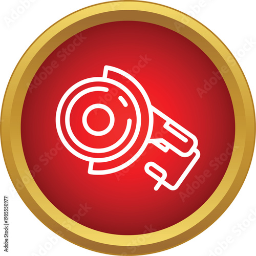 Angle grinder power tool outline icon on a red background with gold border
