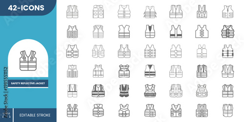 Safety Reflective Jacket Icon Set – Clean Flat Design Icons for High Visibility Jackets, Construction Workers and Safety Uniforms.