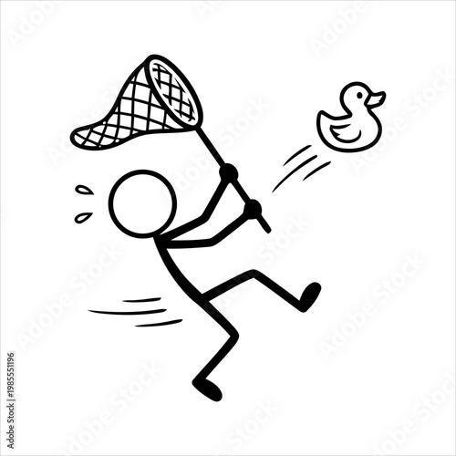 Stick figure chasing a rubber duck with a net illustration
