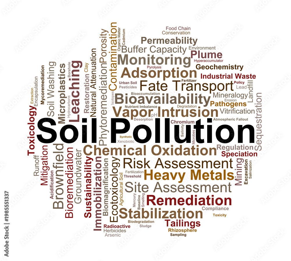 Fototapeta premium Soil Pollution Word Cloud. A visual overview of soil contaminants, chemical interactions in the earth, toxicological risks, and advanced engineering methods for land restoration.